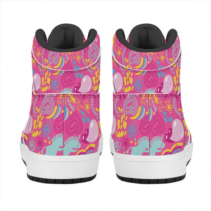 Pink Girly Unicorn Print High Top Leather Sneakers