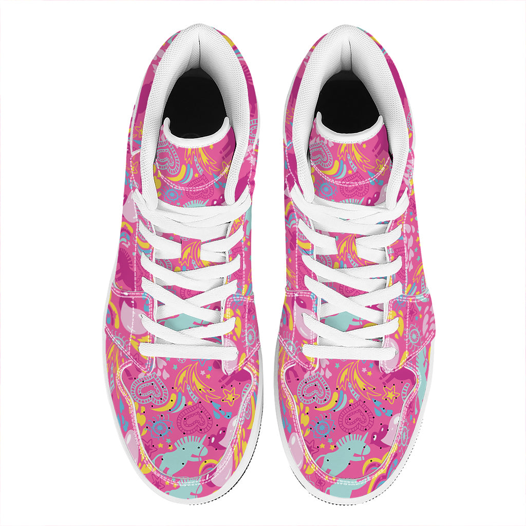 Pink Girly Unicorn Print High Top Leather Sneakers