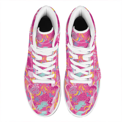 Pink Girly Unicorn Print High Top Leather Sneakers