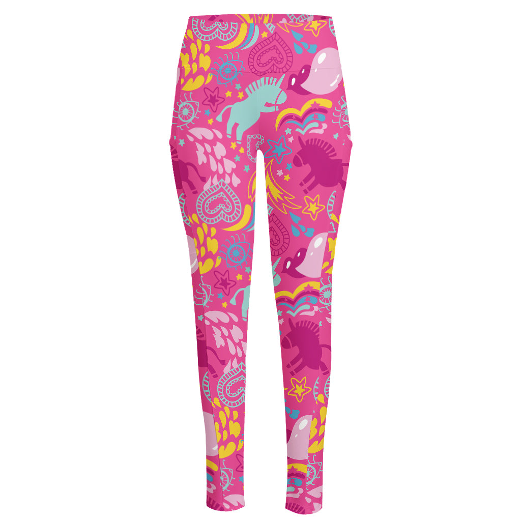 Pink Girly Unicorn Print High-Waisted Pocket Leggings