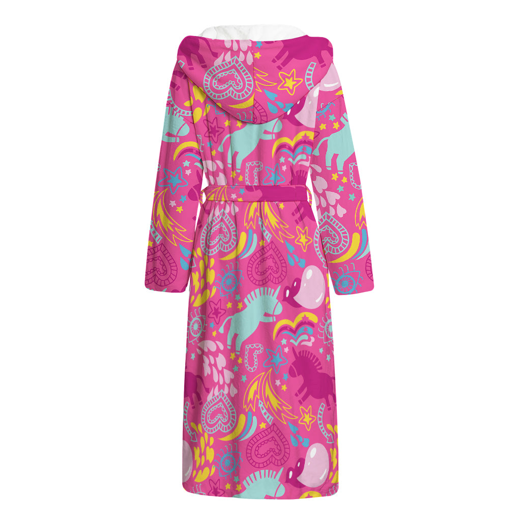 Pink Girly Unicorn Print Hooded Bathrobe