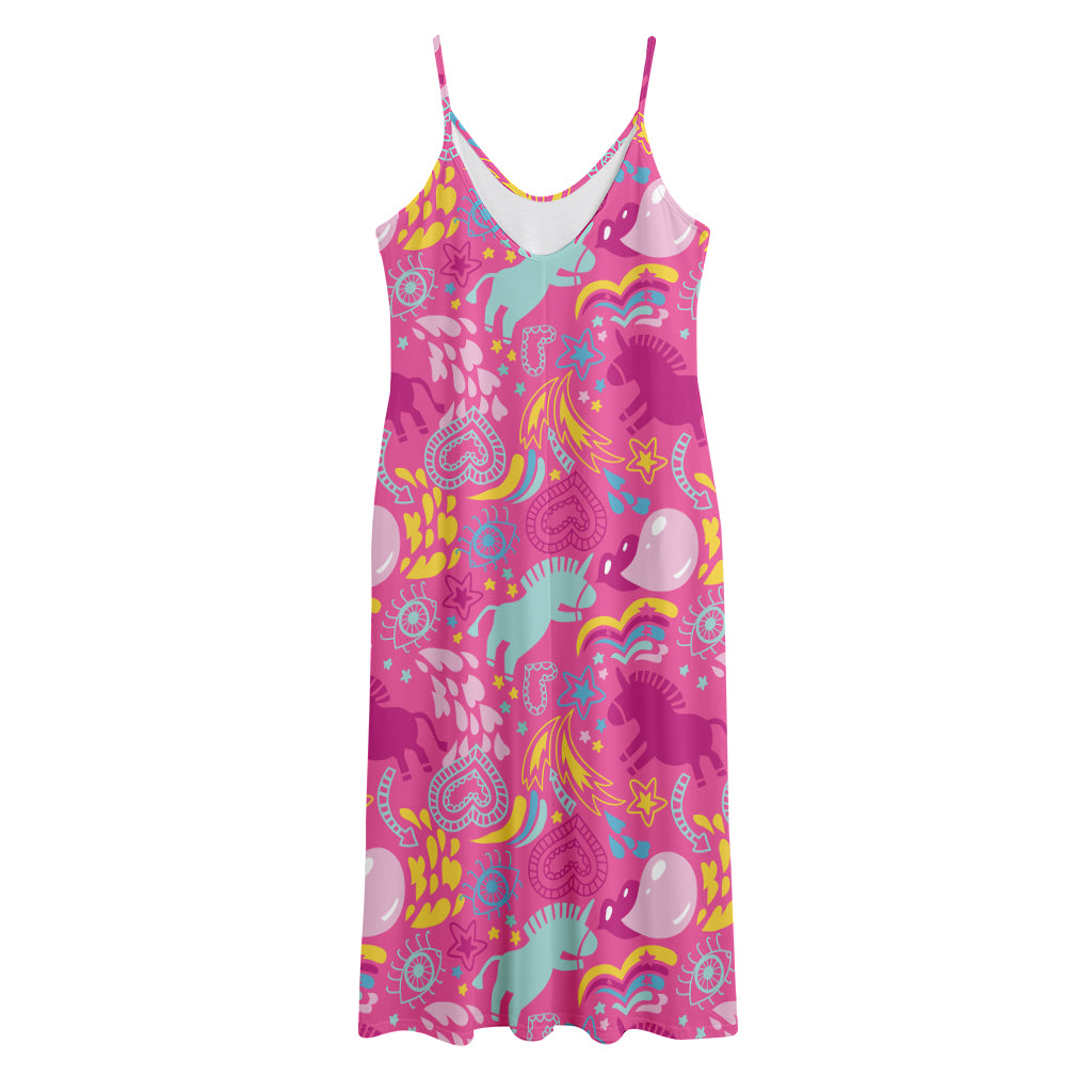 Pink Girly Unicorn Print Jersey Midi Cami Dress