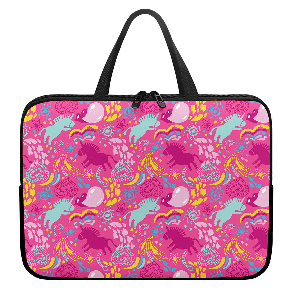 Pink Girly Unicorn Print Laptop Sleeve With Handle