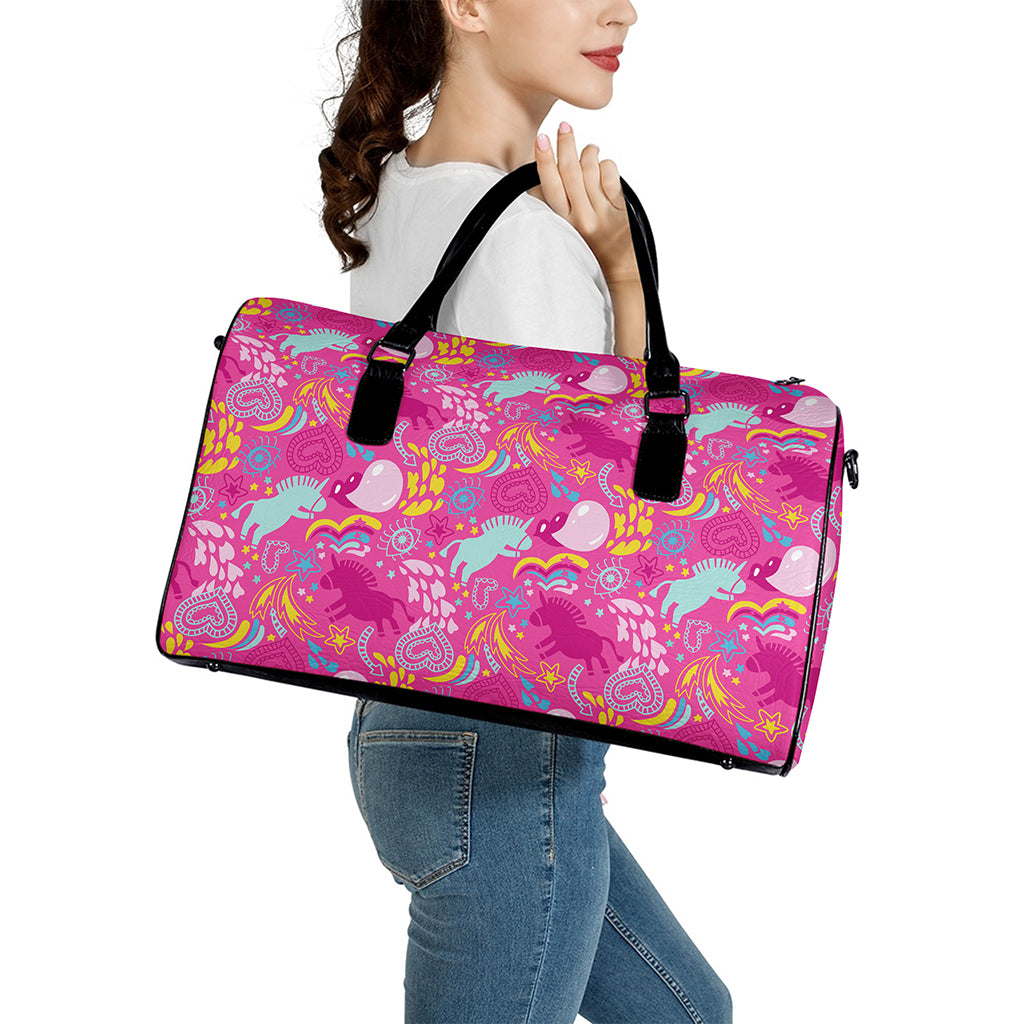 Pink Girly Unicorn Print Leather Duffle Bag