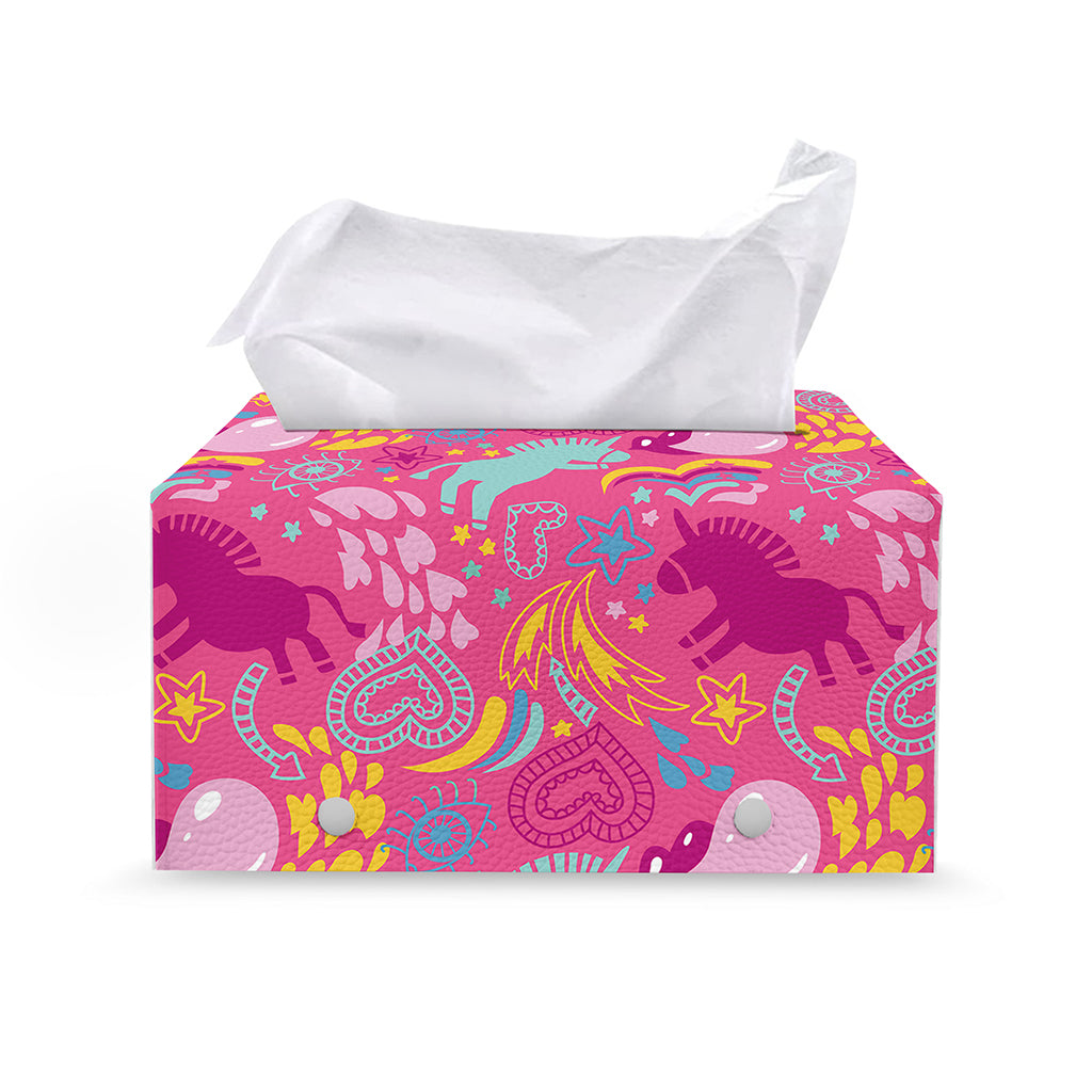 Pink Girly Unicorn Print Leather Tissue Box Cover