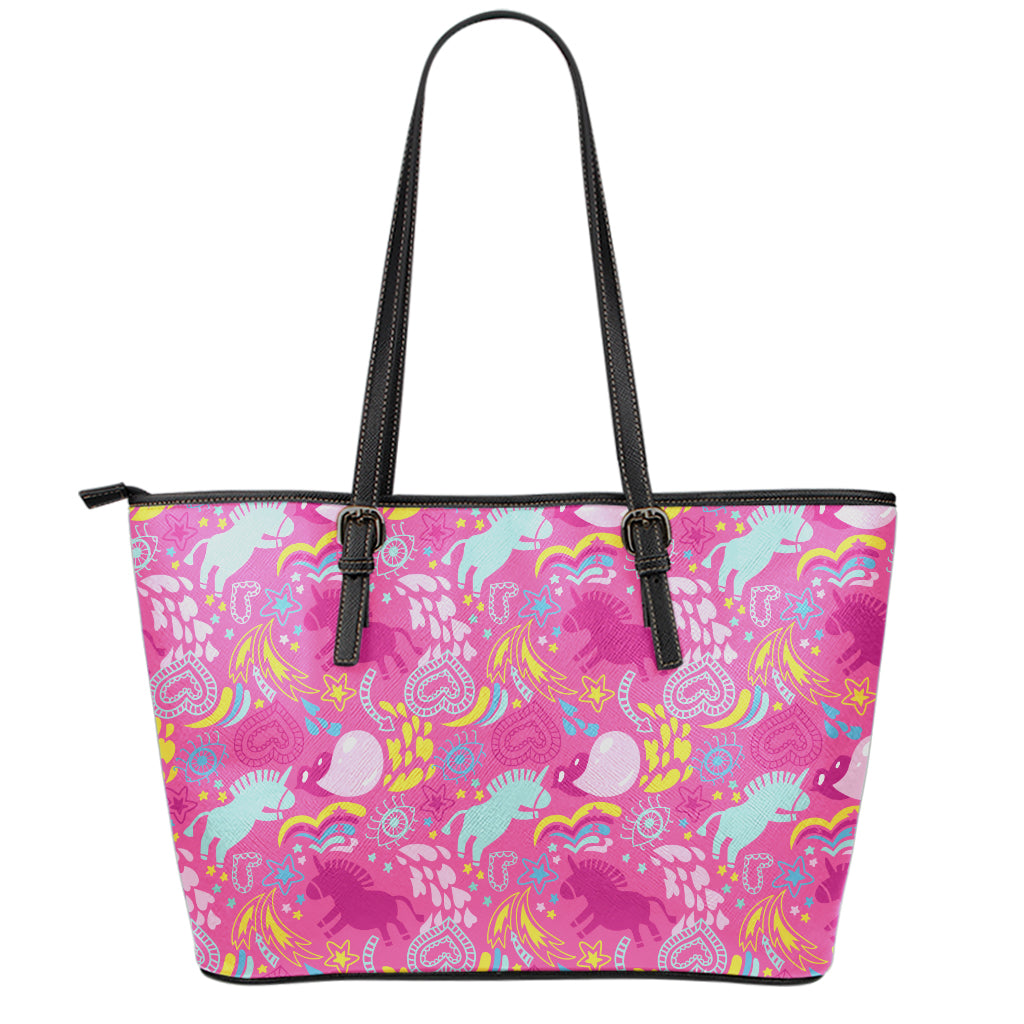 Pink Girly Unicorn Print Leather Tote Bag