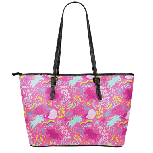 Pink Girly Unicorn Print Leather Tote Bag