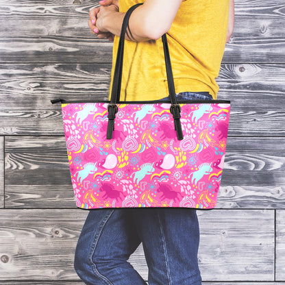 Pink Girly Unicorn Print Leather Tote Bag