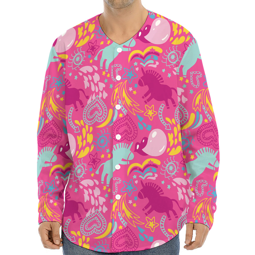 Pink Girly Unicorn Print Long Sleeve Baseball Jersey