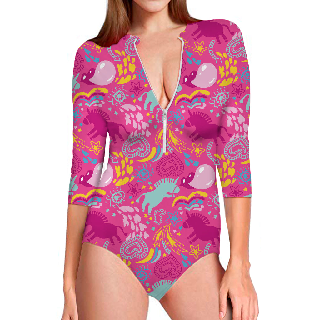 Pink Girly Unicorn Print Long Sleeve Swimsuit