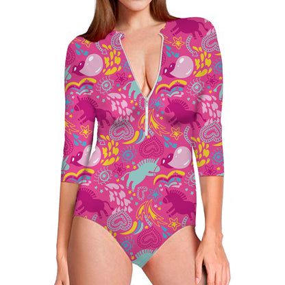 Pink Girly Unicorn Print Long Sleeve Swimsuit