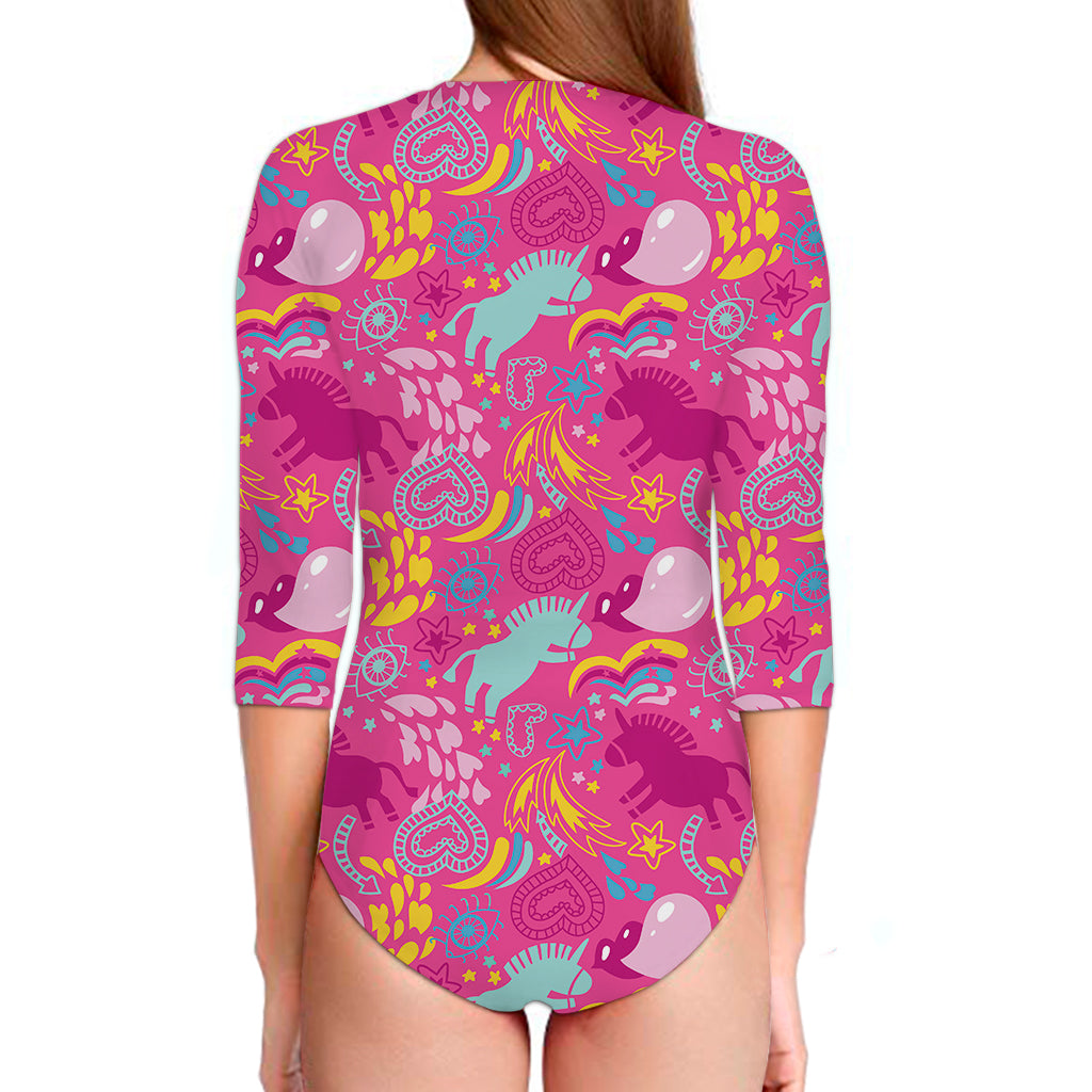 Pink Girly Unicorn Print Long Sleeve Swimsuit