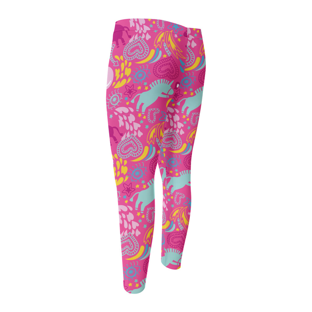 Pink Girly Unicorn Print Men's Compression Pants