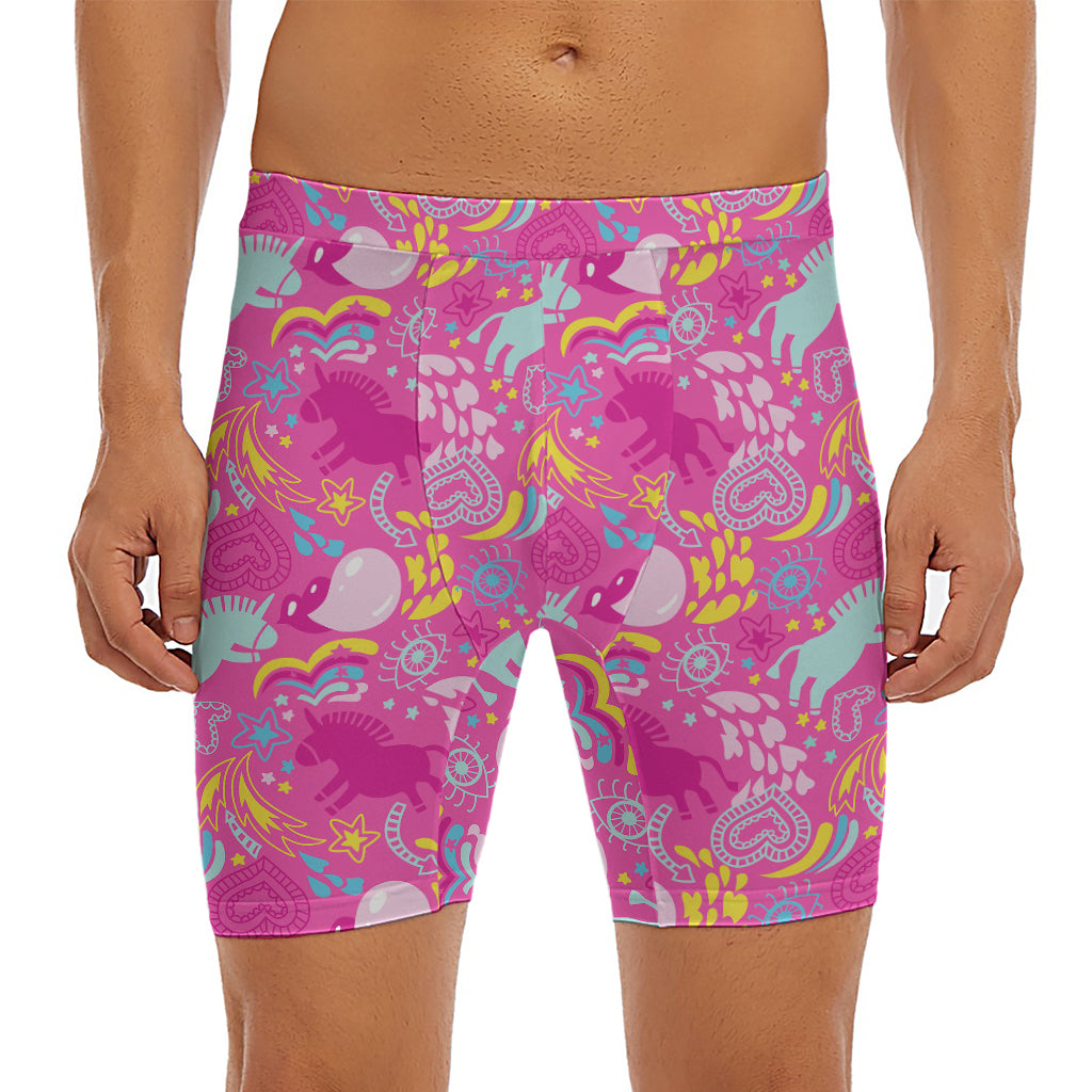 Pink Girly Unicorn Print Men's Long Boxer Briefs