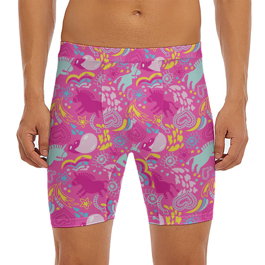 Pink Girly Unicorn Print Men's Long Boxer Briefs