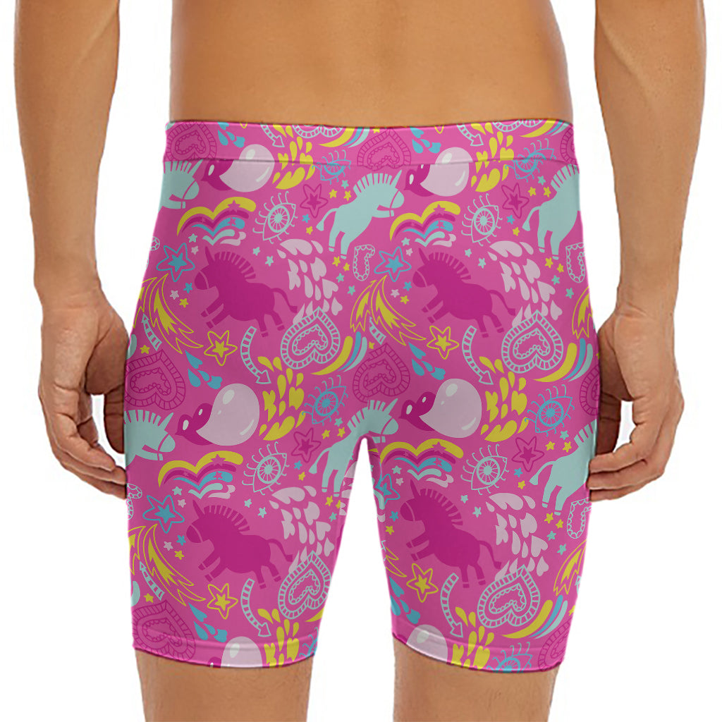 Pink Girly Unicorn Print Men's Long Boxer Briefs