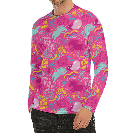 Pink Girly Unicorn Print Men's Long Sleeve Rash Guard