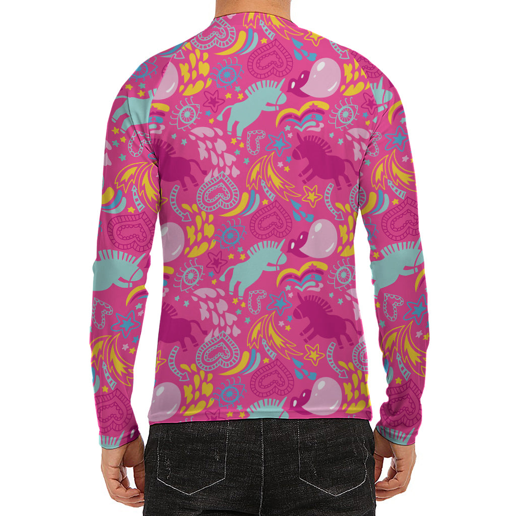 Pink Girly Unicorn Print Men's Long Sleeve Rash Guard
