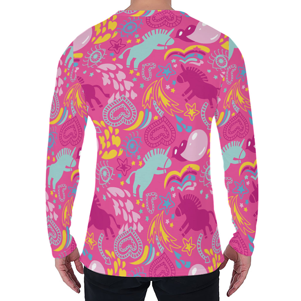 Pink Girly Unicorn Print Men's Long Sleeve T-Shirt