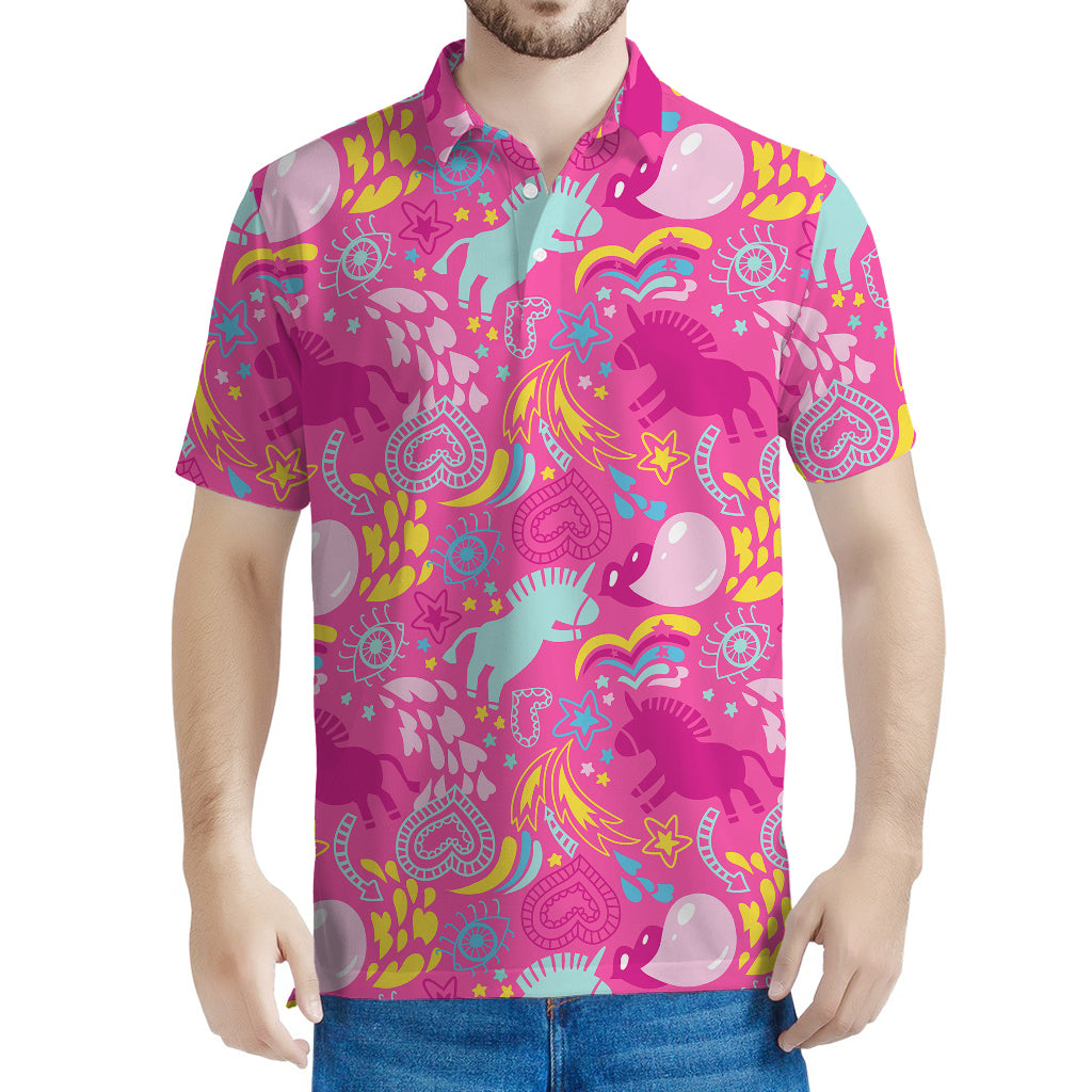 Pink Girly Unicorn Print Men's Polo Shirt