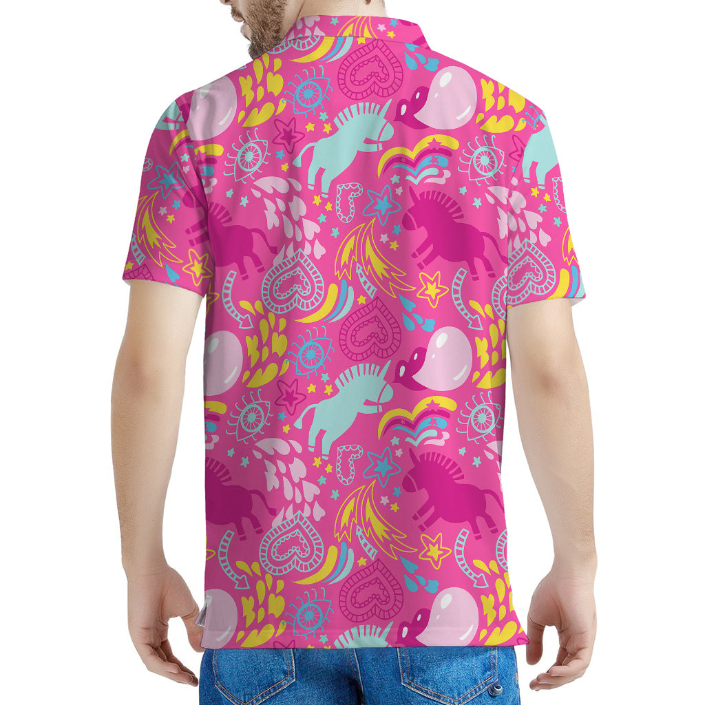 Pink Girly Unicorn Print Men's Polo Shirt