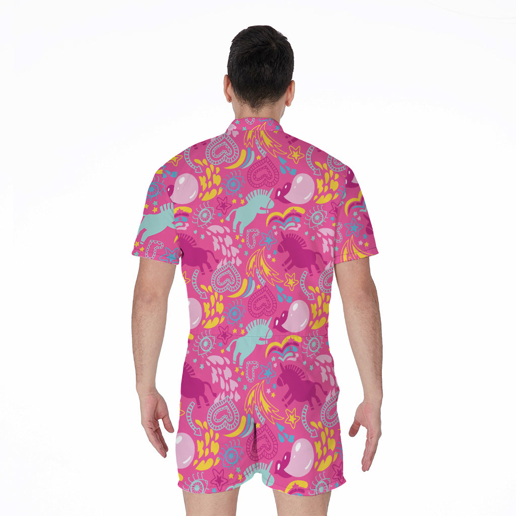 Pink Girly Unicorn Print Men's Rompers