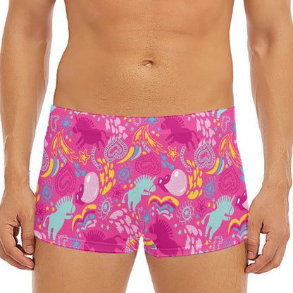 Pink Girly Unicorn Print Men's Short Boxer Briefs