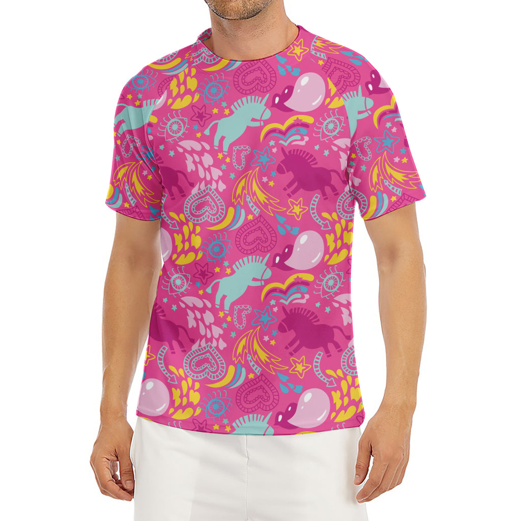 Pink Girly Unicorn Print Men's Short Sleeve Rash Guard