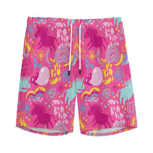 Pink Girly Unicorn Print Men's Sports Shorts