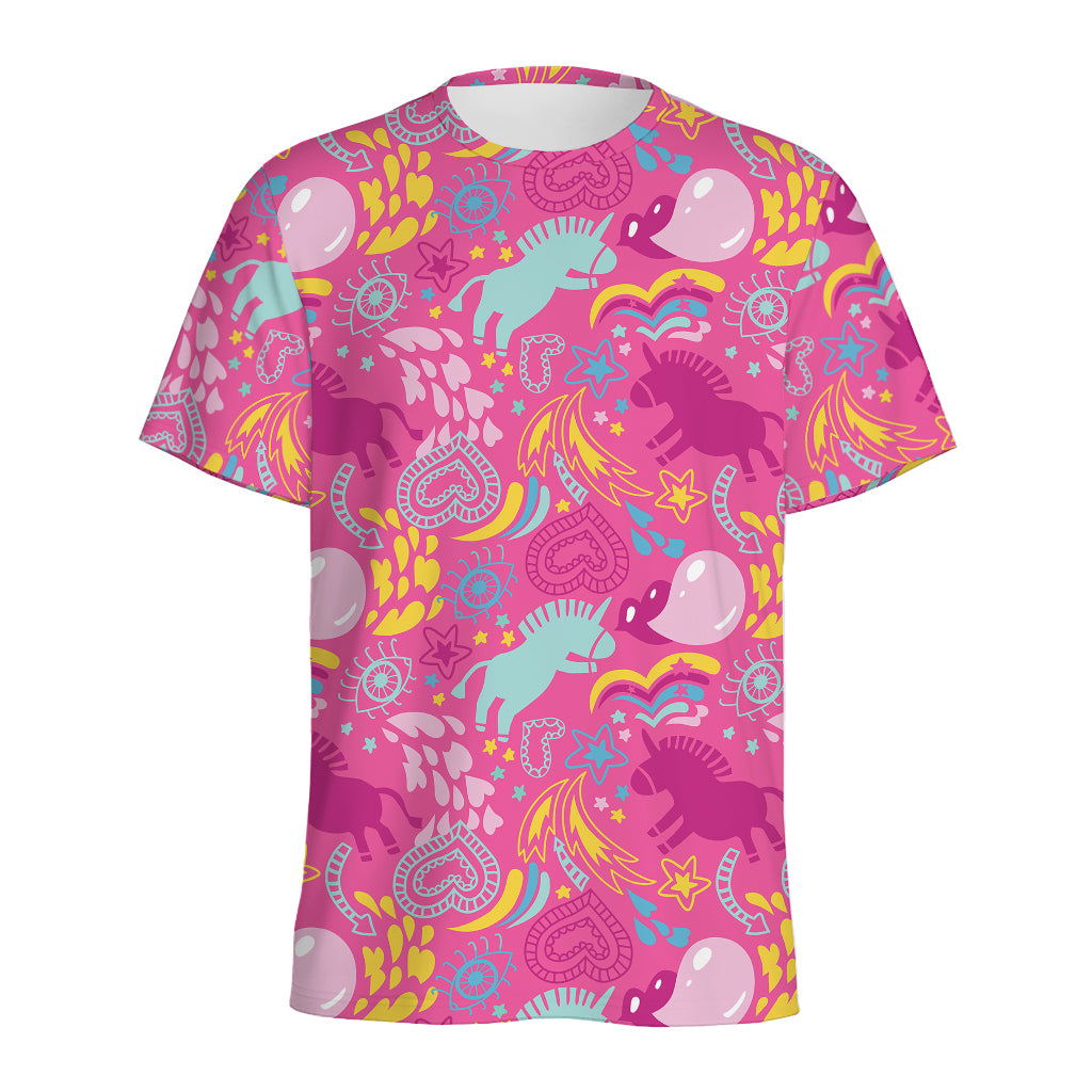 Pink Girly Unicorn Print Men's Sports T-Shirt