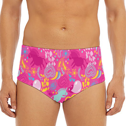 Pink Girly Unicorn Print Men's Triangle Swim Briefs