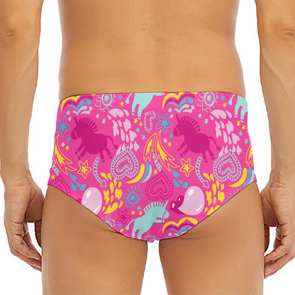 Pink Girly Unicorn Print Men's Triangle Swim Briefs