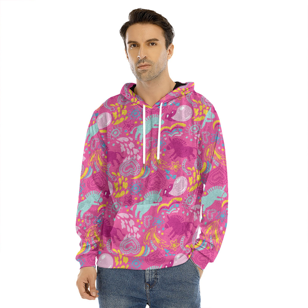 Pink Girly Unicorn Print Men's Velvet Pullover Hoodie
