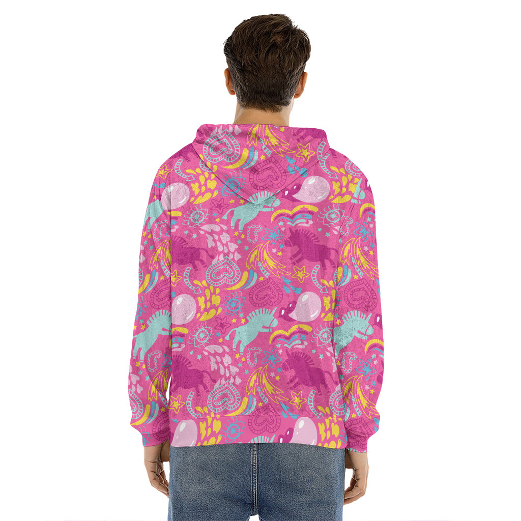 Pink Girly Unicorn Print Men's Velvet Pullover Hoodie