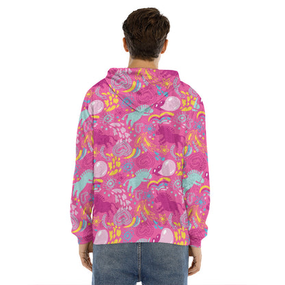 Pink Girly Unicorn Print Men's Velvet Pullover Hoodie