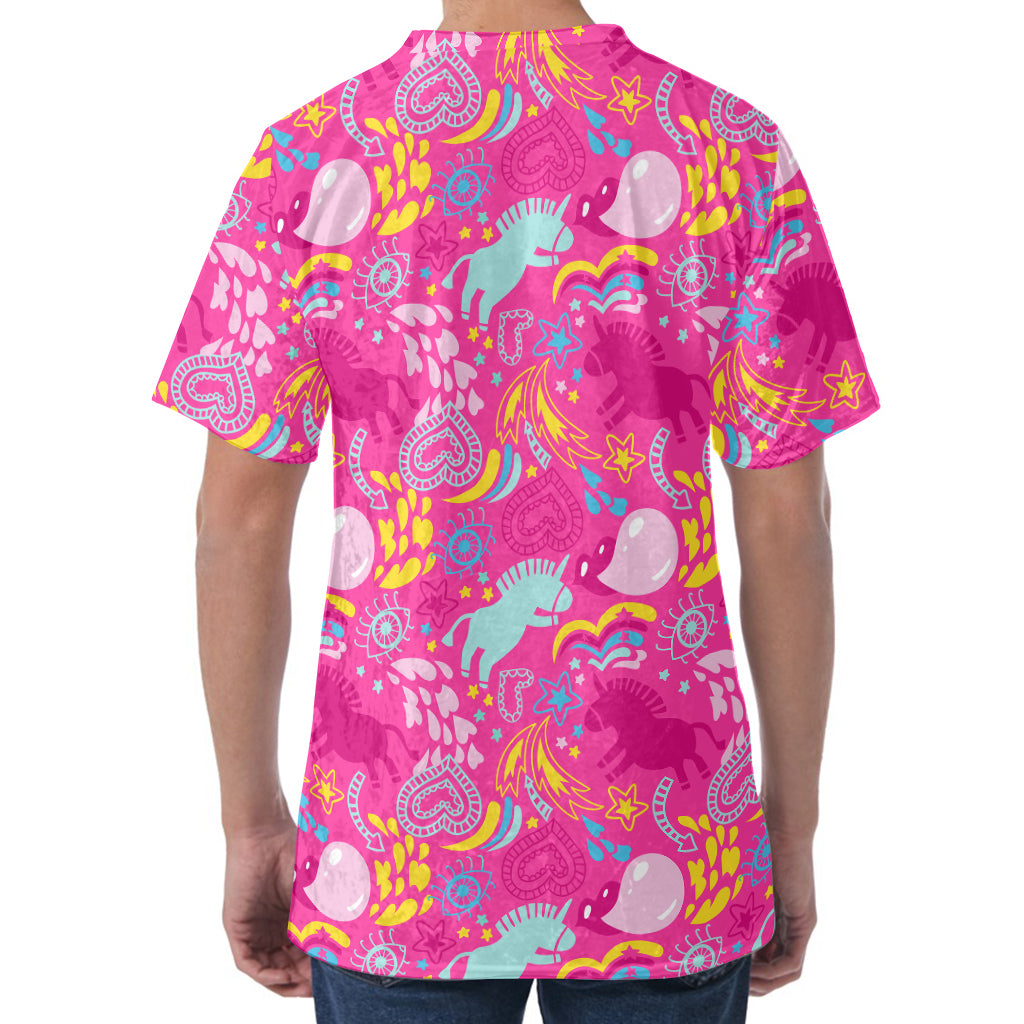 Pink Girly Unicorn Print Men's Velvet T-Shirt