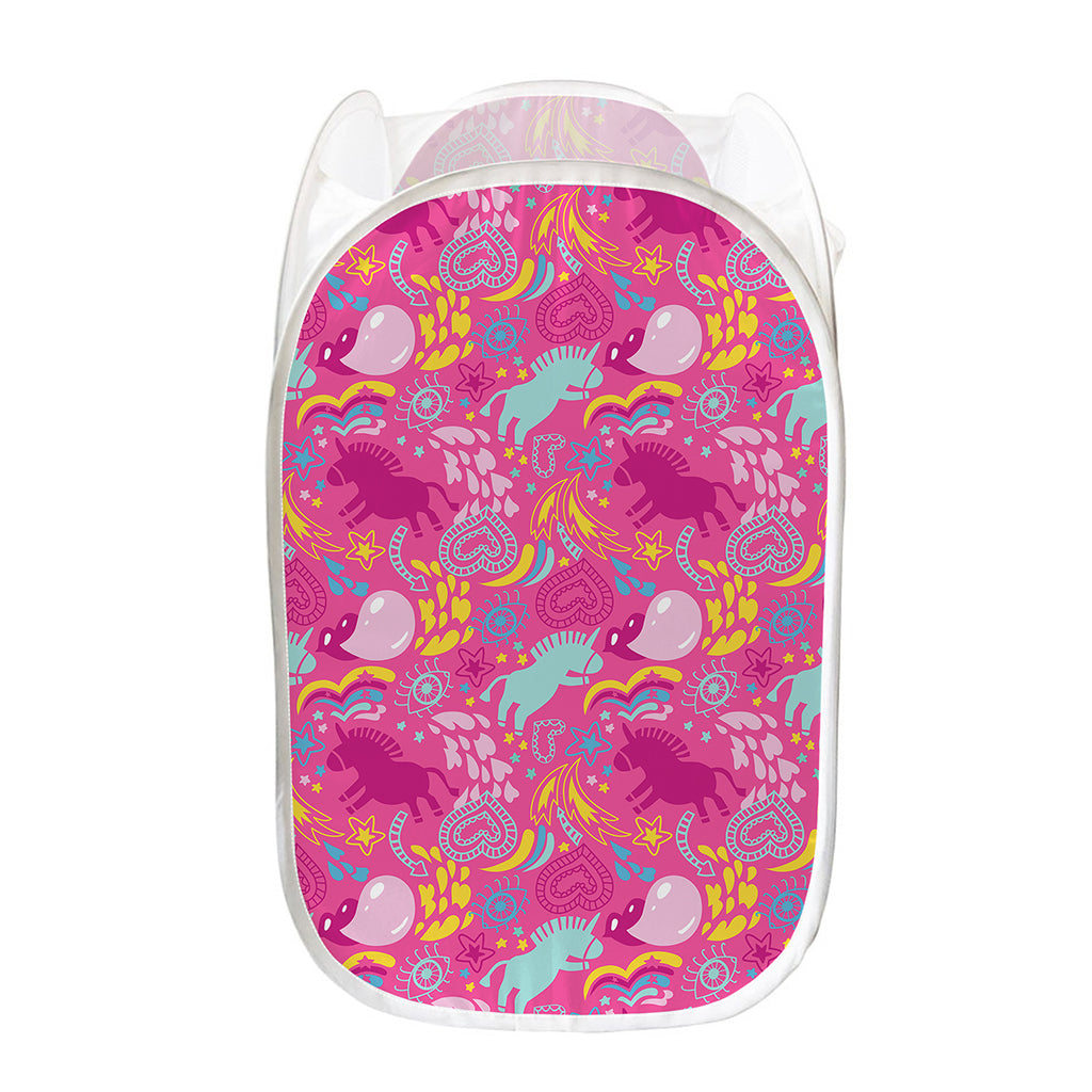 Pink Girly Unicorn Print Mesh Laundry Hamper