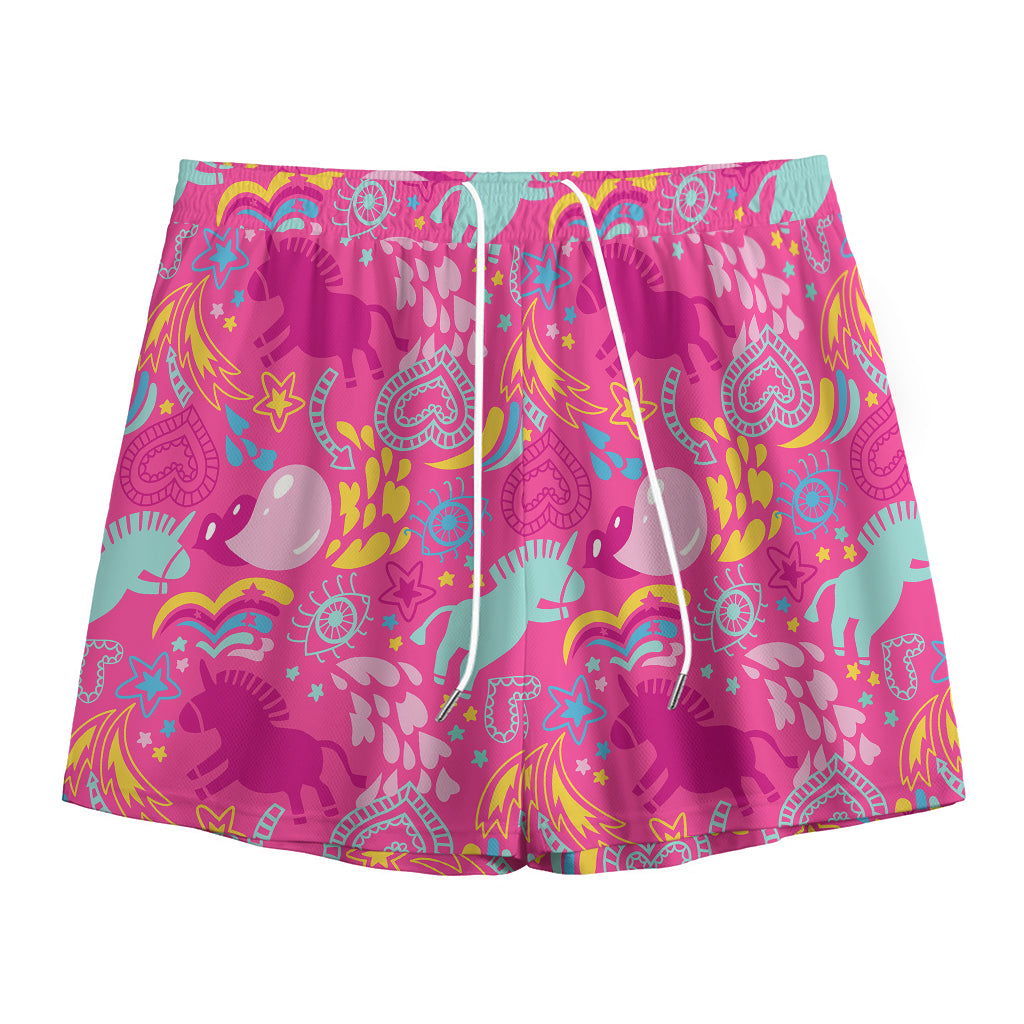 Pink Girly Unicorn Print Mesh Shorts