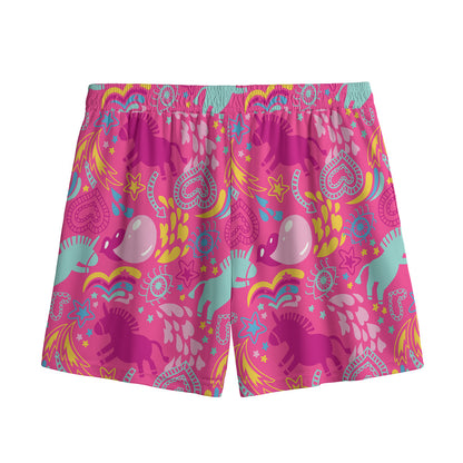 Pink Girly Unicorn Print Mesh Shorts