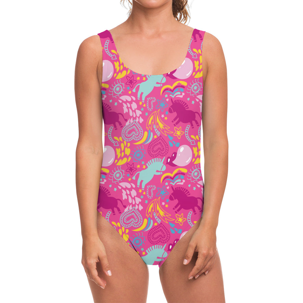 Pink Girly Unicorn Print One Piece Swimsuit