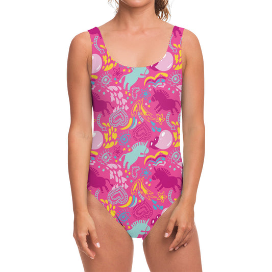 Pink Girly Unicorn Print One Piece Swimsuit