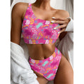 Pink Girly Unicorn Print One Shoulder Bikini Set