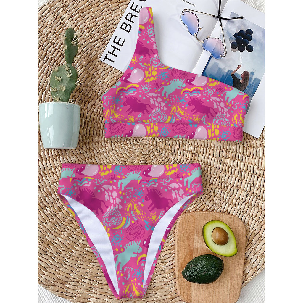 Pink Girly Unicorn Print One Shoulder Bikini Top