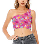 Pink Girly Unicorn Print One Shoulder Crop Top