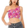 Pink Girly Unicorn Print One Shoulder Crop Top