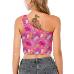 Pink Girly Unicorn Print One Shoulder Crop Top