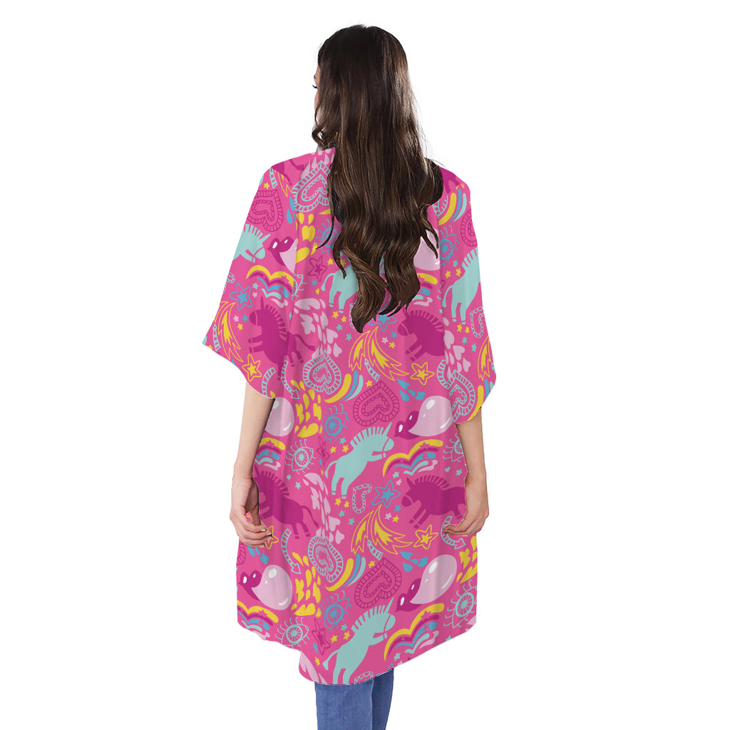 Pink Girly Unicorn Print Open Front Beach Cover Up