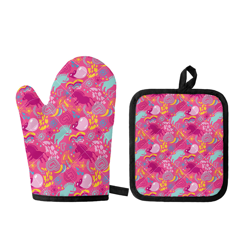 Pink Girly Unicorn Print Oven Mitt And Pot Holder Set