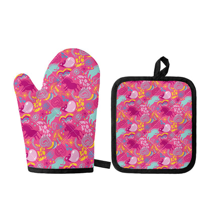 Pink Girly Unicorn Print Oven Mitt And Pot Holder Set
