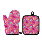 Pink Girly Unicorn Print Oven Mitt And Pot Holder Set